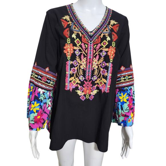 Calessa Womens Black Embroidered Bell Sleeve V-Neck‎ Peasant Tunic Top Size L - Picture 5 of 11